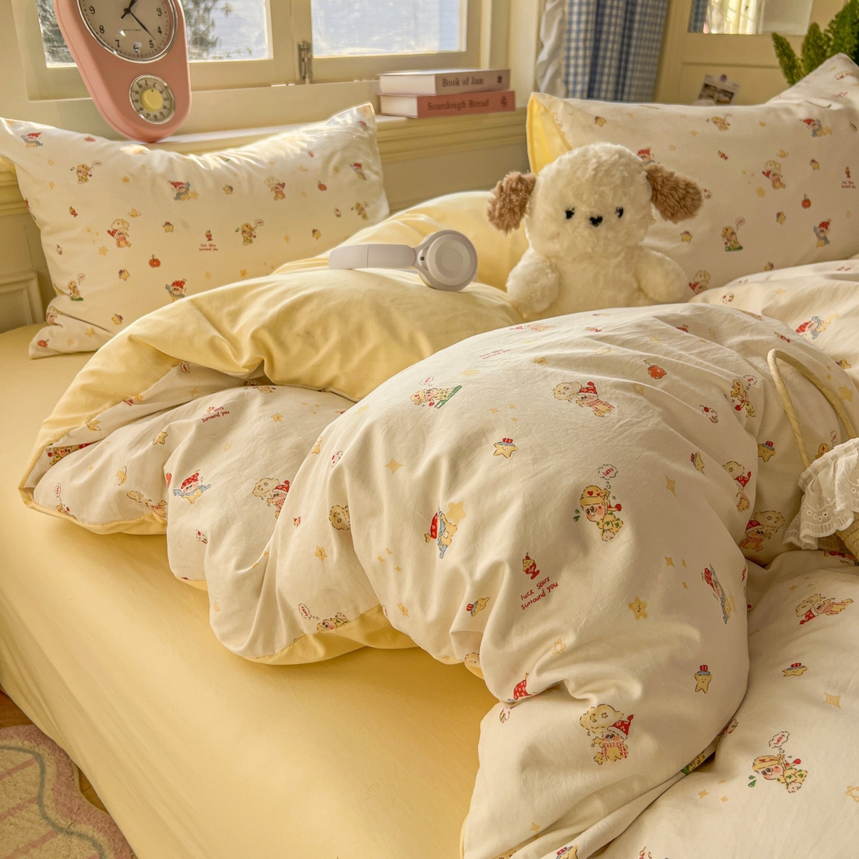 91家纺网 家纺一手货源 找家纺 思诺羽床笠 2026新款古法水洗仿棉云感棉三件套四件套 嗨皮星星人