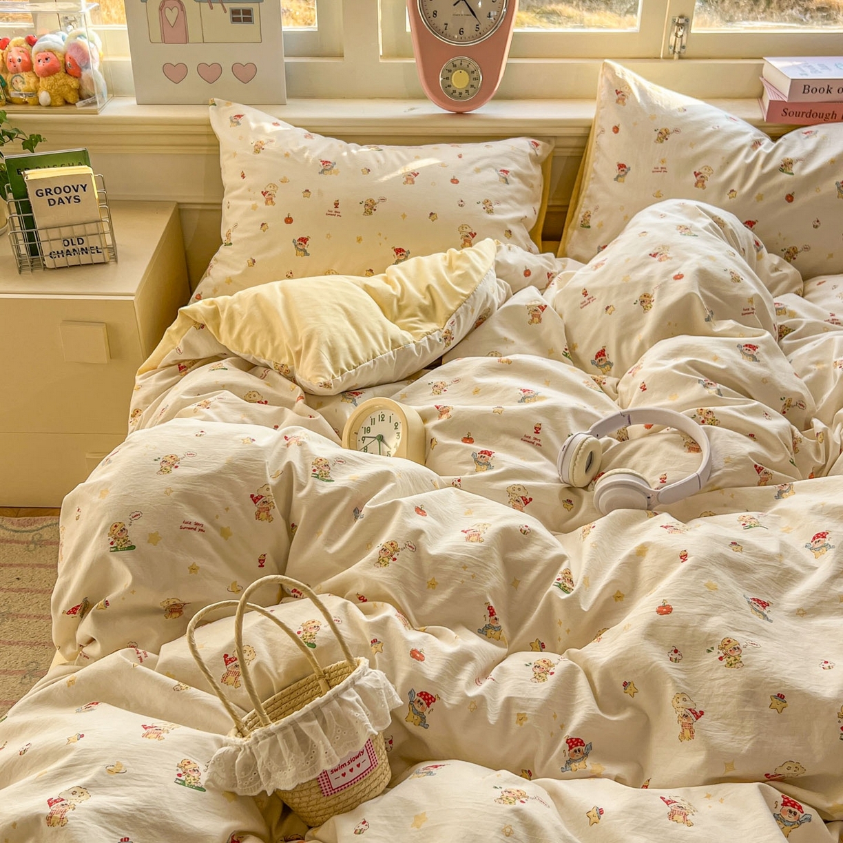 91家纺网 家纺一手货源 找家纺 思诺羽床笠 2026新款古法水洗仿棉云感棉三件套四件套 嗨皮星星人