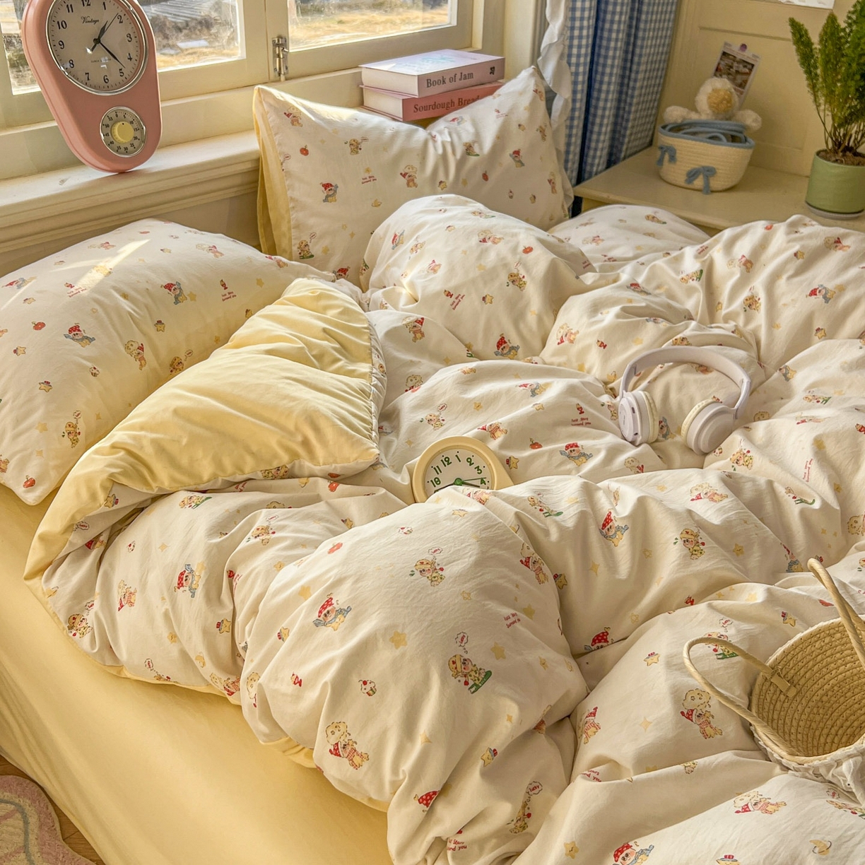 91家纺网 家纺一手货源 找家纺 思诺羽床笠 2026新款古法水洗仿棉云感棉三件套四件套 嗨皮星星人