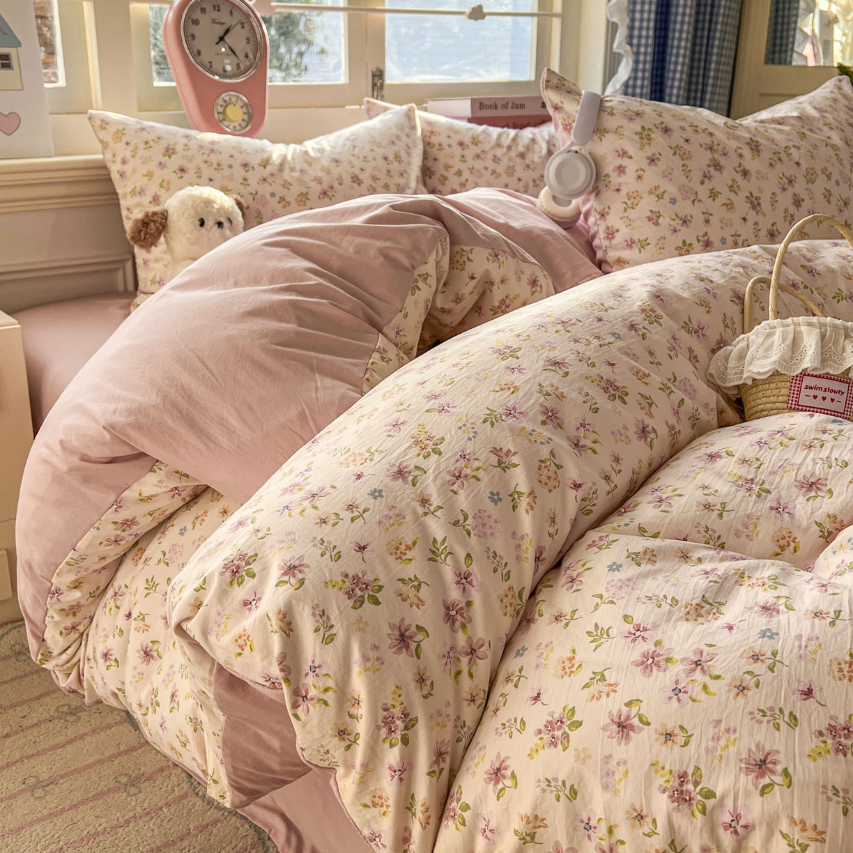 91家纺网 家纺一手货源 找家纺 思诺羽床笠 2026新款古法水洗仿棉云感棉三件套四件套 花意飘香