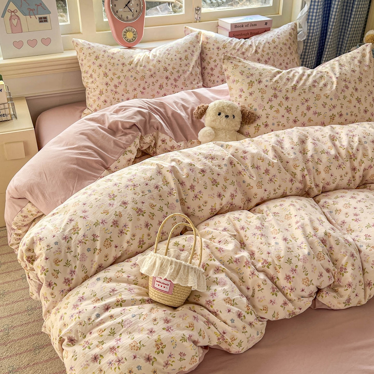 91家纺网 家纺一手货源 找家纺 思诺羽床笠 2026新款古法水洗仿棉云感棉三件套四件套 花意飘香