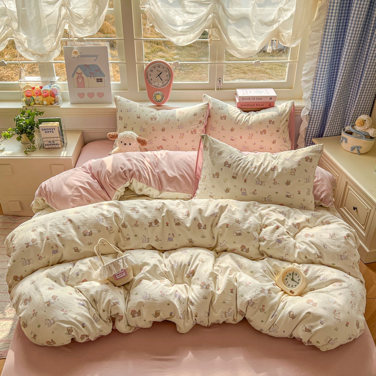 91家纺网 家纺一手货源 找家纺 思诺羽床笠 2026新款古法水洗仿棉云感棉三件套四件套 欢乐萌宠