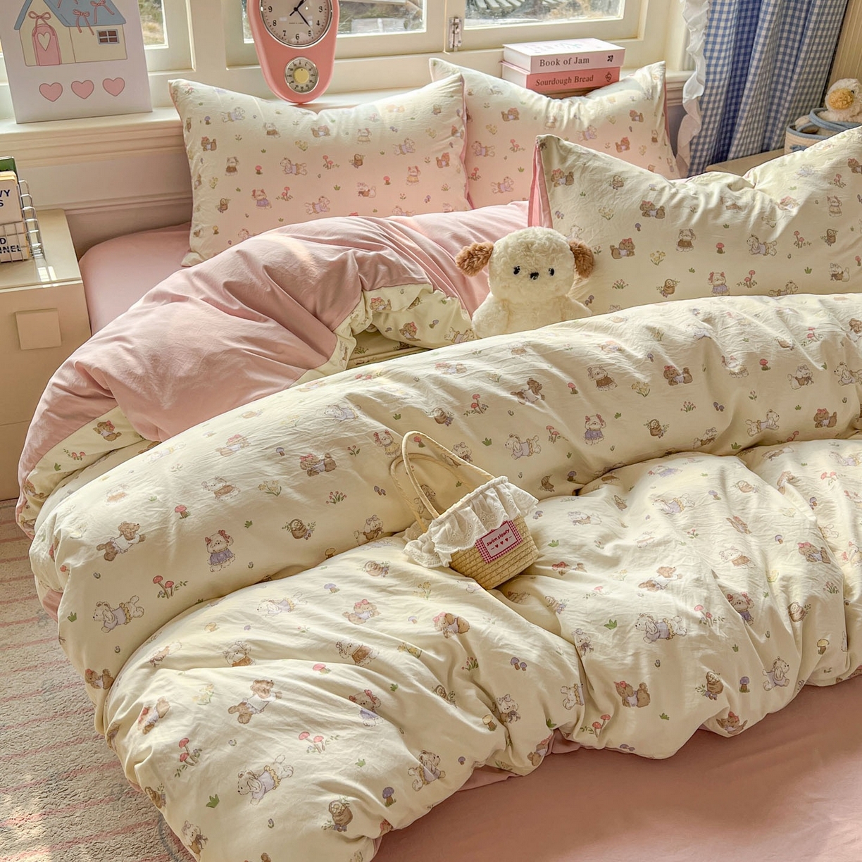 91家纺网 家纺一手货源 找家纺 思诺羽床笠 2026新款古法水洗仿棉云感棉三件套四件套 欢乐萌宠