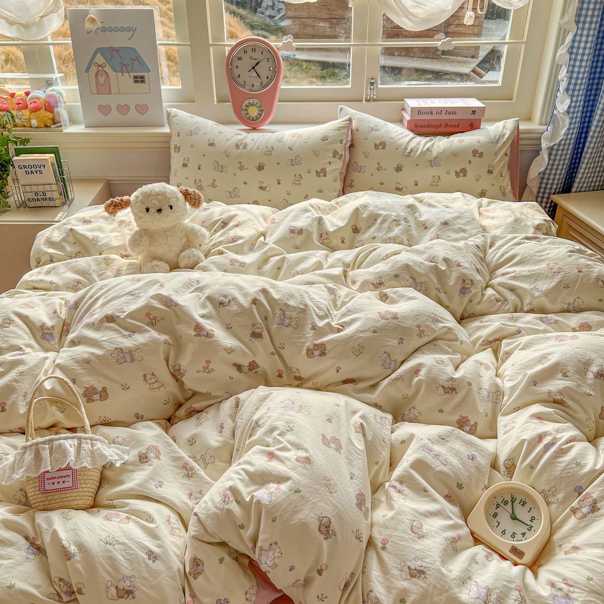 91家纺网 家纺一手货源 找家纺 思诺羽床笠 2026新款古法水洗仿棉云感棉三件套四件套 欢乐萌宠