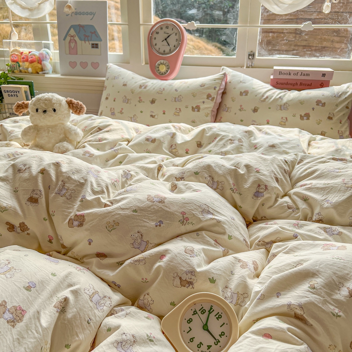 91家纺网 家纺一手货源 找家纺 思诺羽床笠 2026新款古法水洗仿棉云感棉三件套四件套 欢乐萌宠