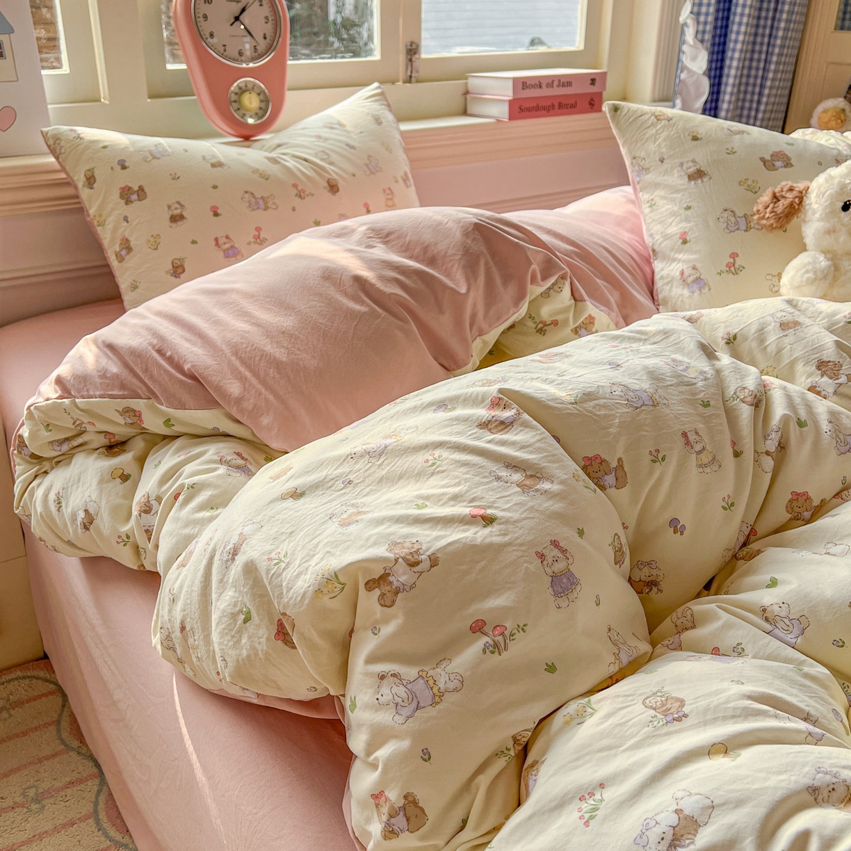 91家纺网 家纺一手货源 找家纺 思诺羽床笠 2026新款古法水洗仿棉云感棉三件套四件套 欢乐萌宠