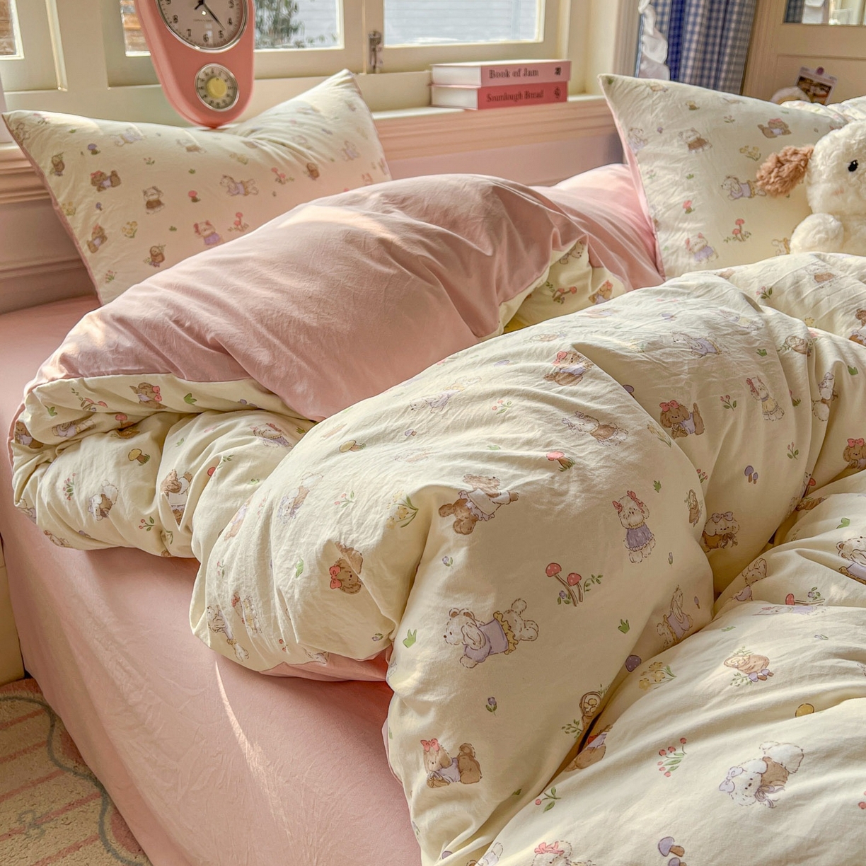 91家纺网 家纺一手货源 找家纺 思诺羽床笠 2026新款古法水洗仿棉云感棉三件套四件套 欢乐萌宠