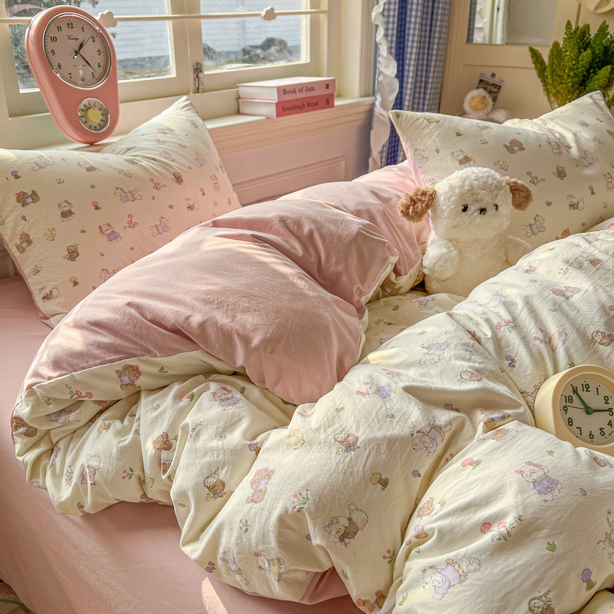 91家纺网 家纺一手货源 找家纺 思诺羽床笠 2026新款古法水洗仿棉云感棉三件套四件套 欢乐萌宠