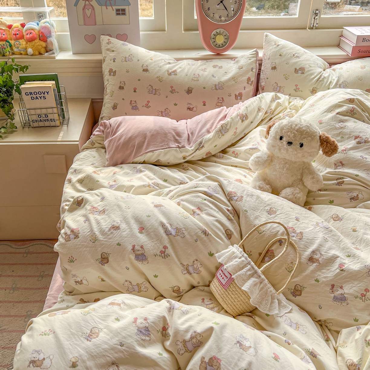 91家纺网 家纺一手货源 找家纺 思诺羽床笠 2026新款古法水洗仿棉云感棉三件套四件套 欢乐萌宠