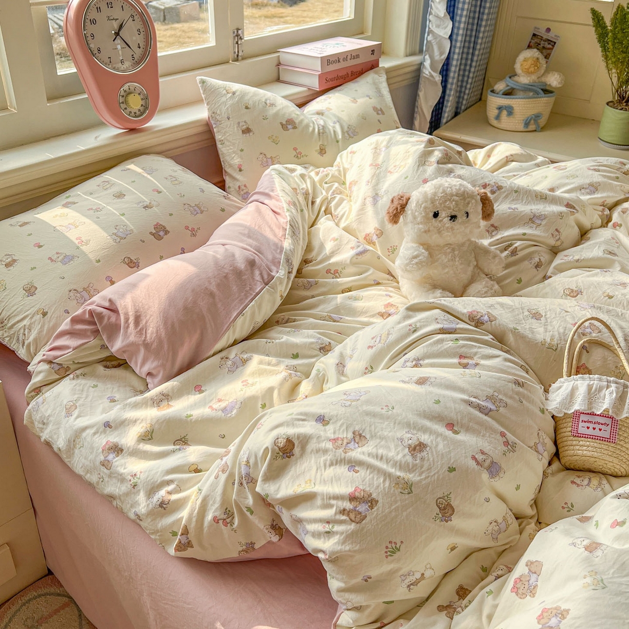 91家纺网 家纺一手货源 找家纺 思诺羽床笠 2026新款古法水洗仿棉云感棉三件套四件套 欢乐萌宠