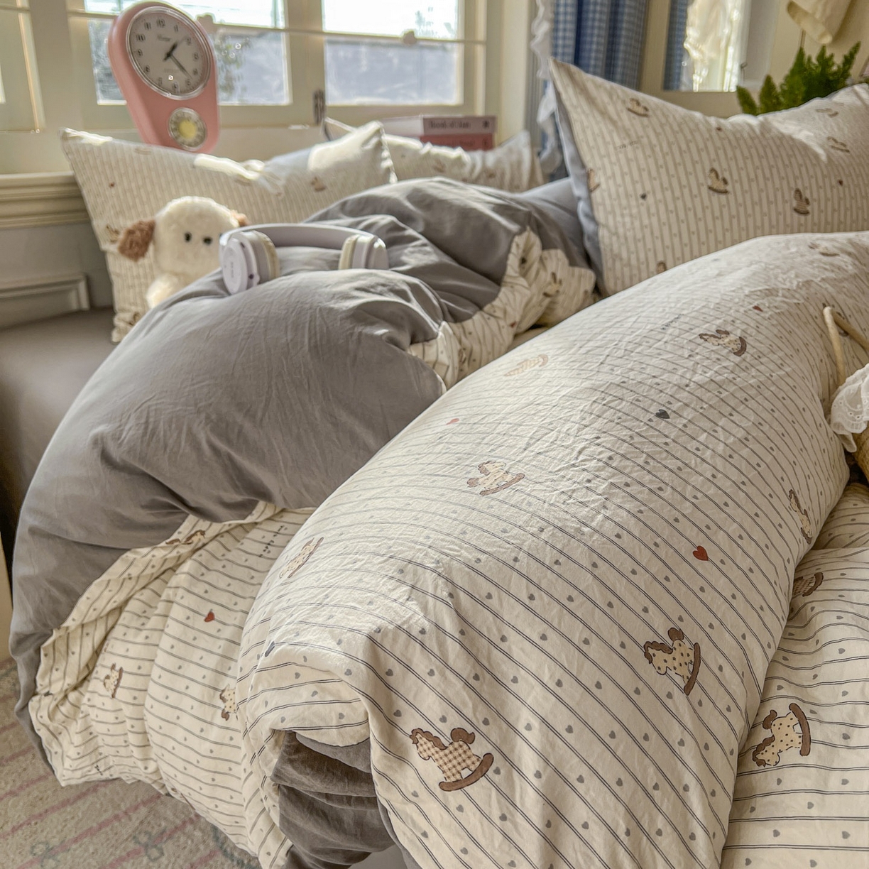 思诺羽床笠 2026新款古法水洗仿棉云感棉三件套四件套 木马乐园