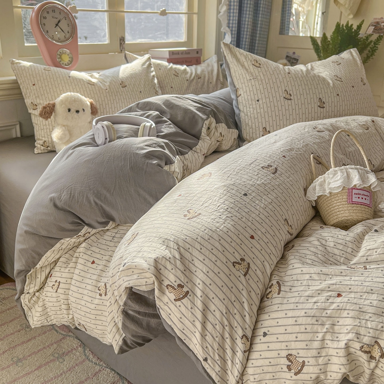 91家纺网 家纺一手货源 找家纺 思诺羽床笠 2026新款古法水洗仿棉云感棉三件套四件套 木马乐园