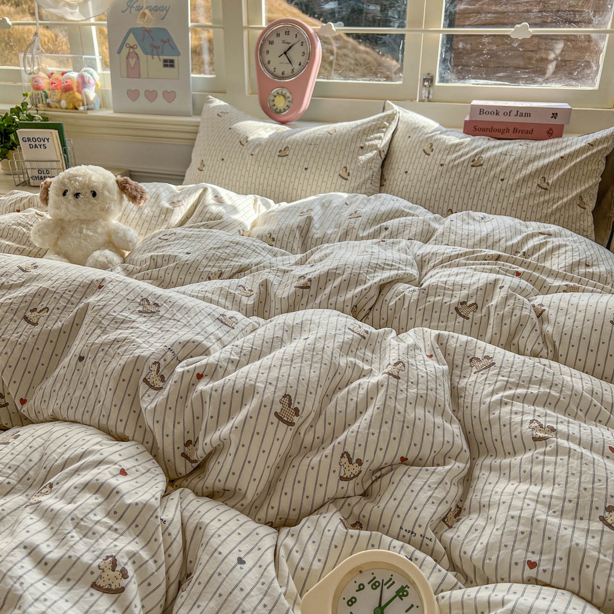 91家纺网 家纺一手货源 找家纺 思诺羽床笠 2026新款古法水洗仿棉云感棉三件套四件套 木马乐园