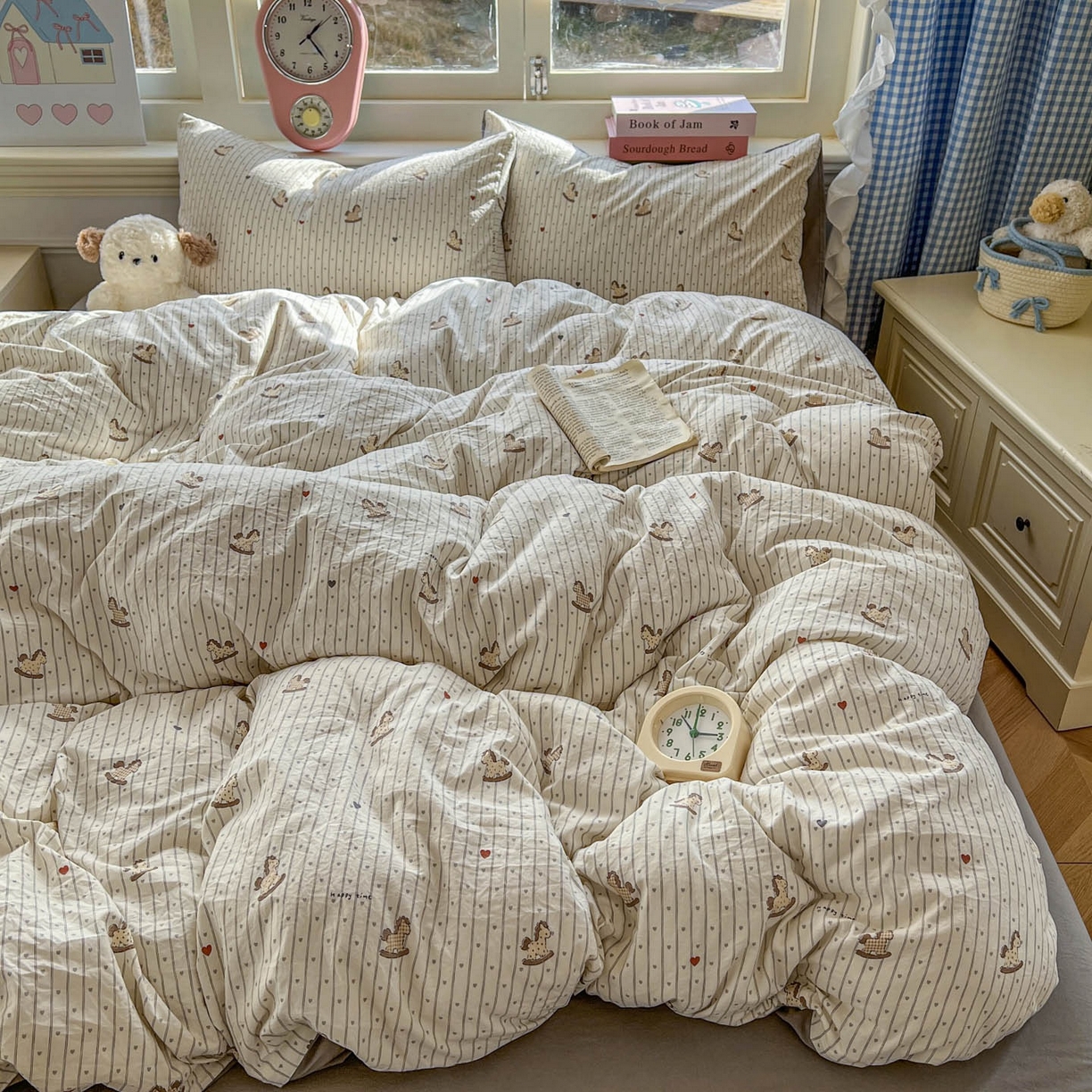 91家纺网 家纺一手货源 找家纺 思诺羽床笠 2026新款古法水洗仿棉云感棉三件套四件套 木马乐园