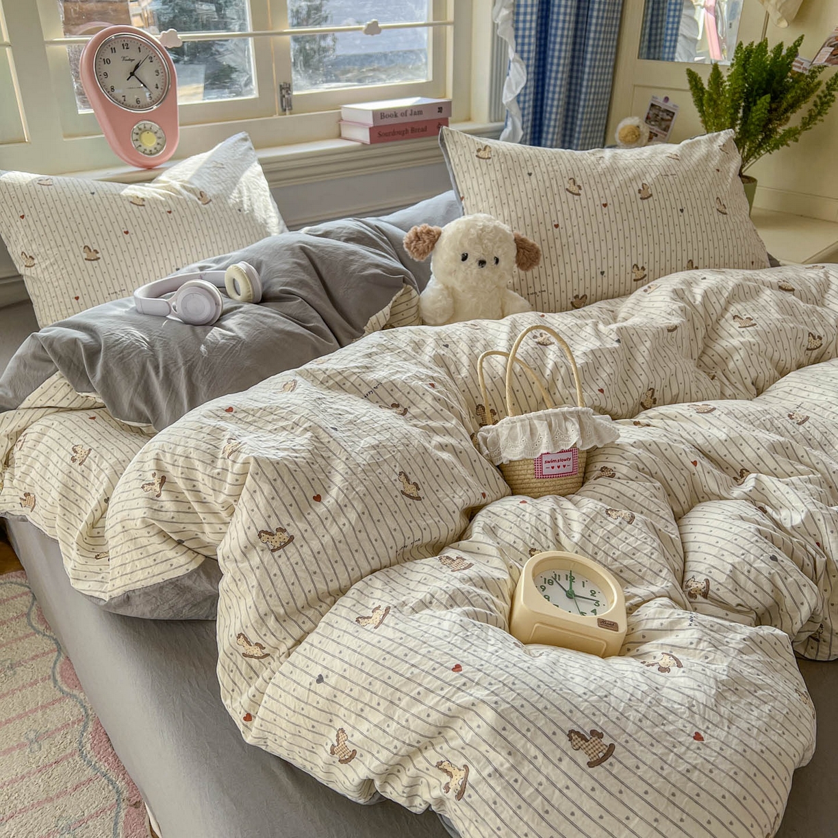 91家纺网 家纺一手货源 找家纺 思诺羽床笠 2026新款古法水洗仿棉云感棉三件套四件套 木马乐园