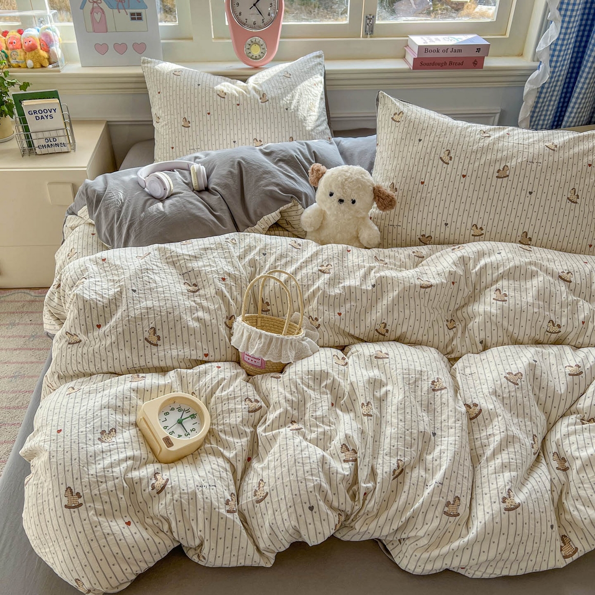 91家纺网 家纺一手货源 找家纺 思诺羽床笠 2026新款古法水洗仿棉云感棉三件套四件套 木马乐园