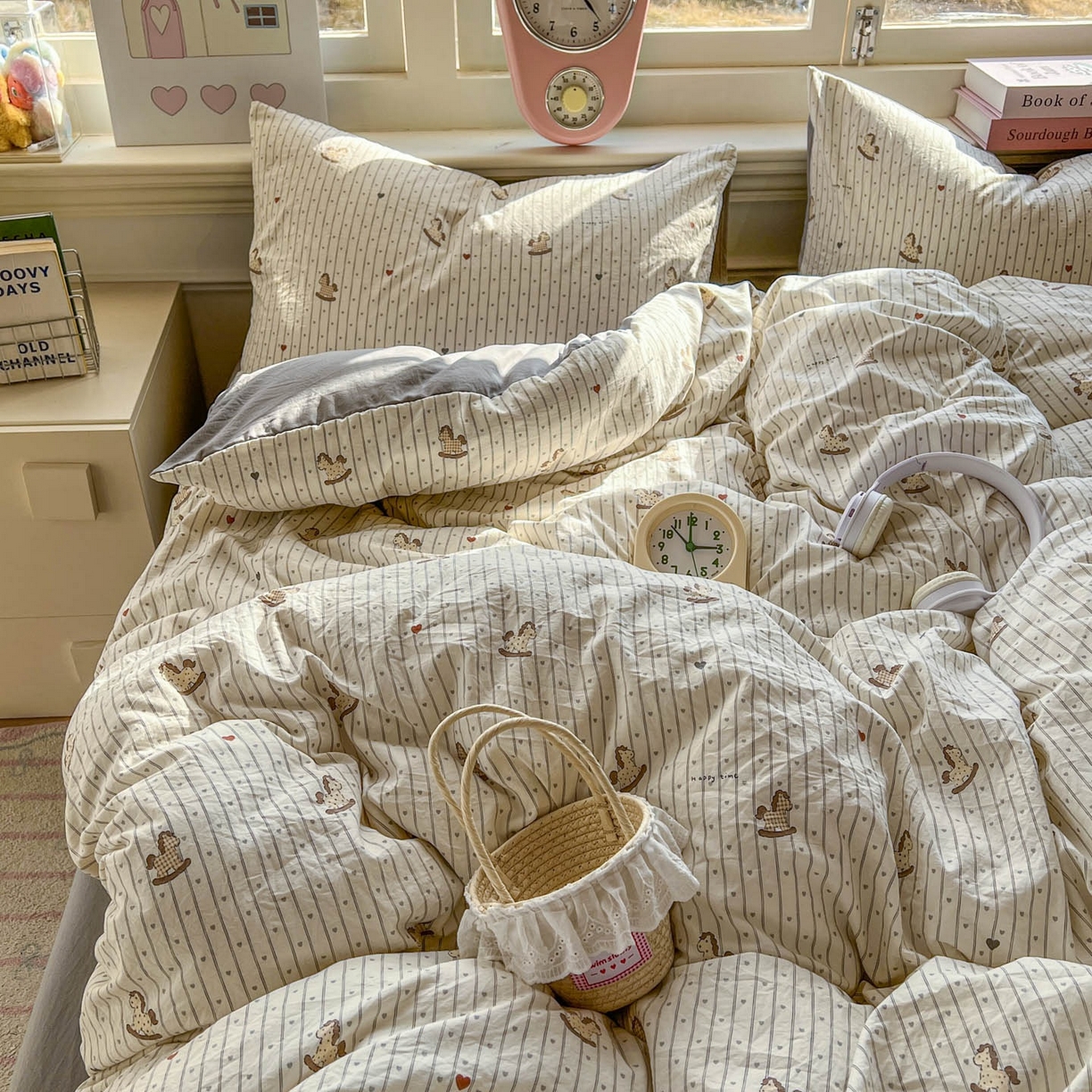 91家纺网 家纺一手货源 找家纺 思诺羽床笠 2026新款古法水洗仿棉云感棉三件套四件套 木马乐园