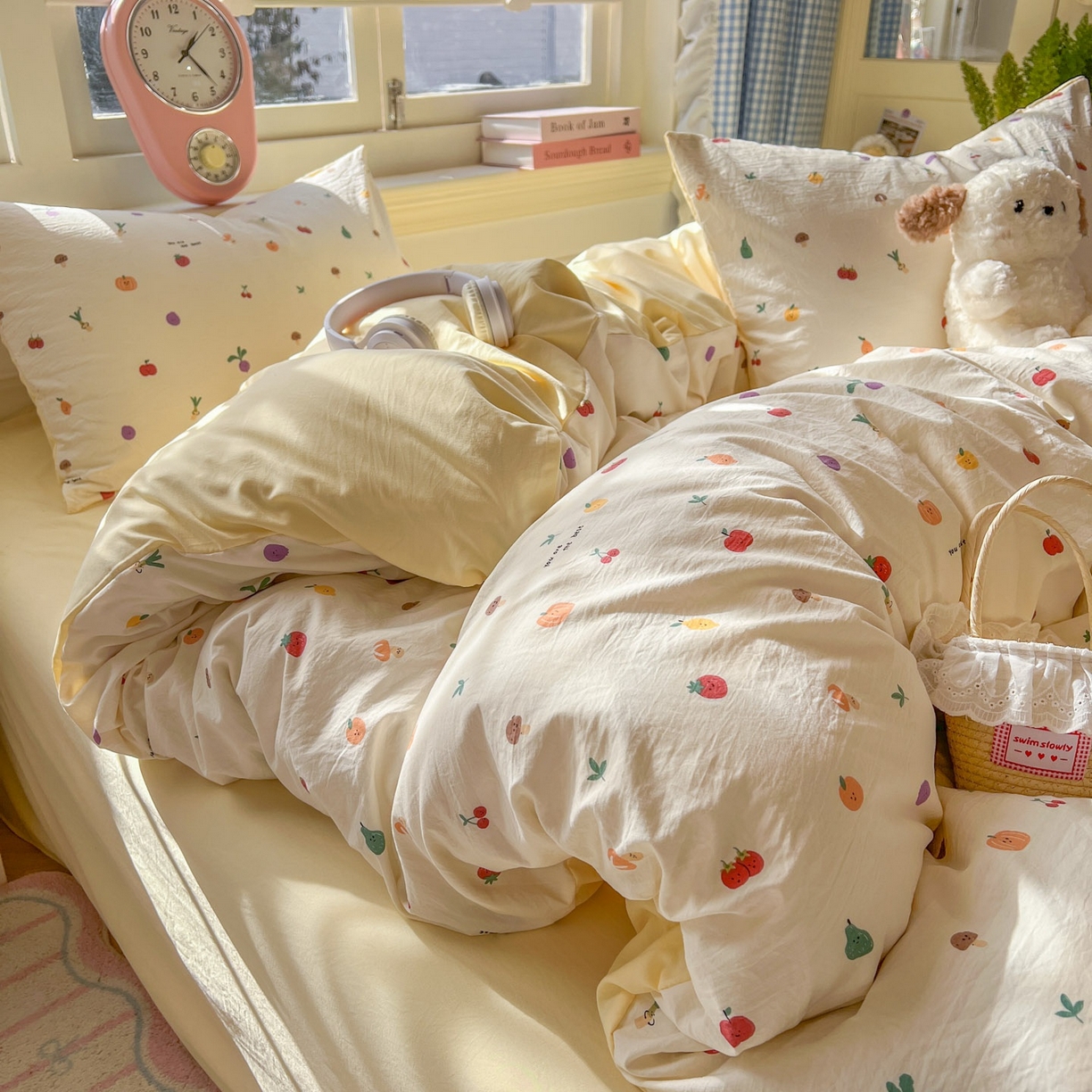 91家纺网 家纺一手货源 找家纺 思诺羽床笠 2026新款古法水洗仿棉云感棉三件套四件套 南瓜果果