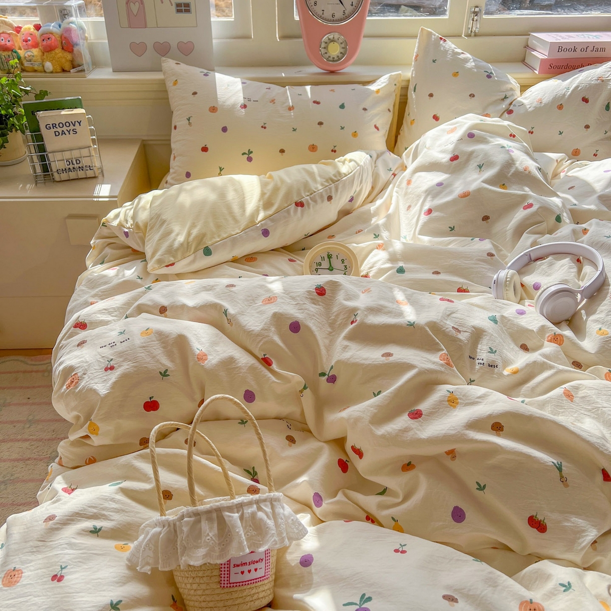 91家纺网 家纺一手货源 找家纺 思诺羽床笠 2026新款古法水洗仿棉云感棉三件套四件套 南瓜果果