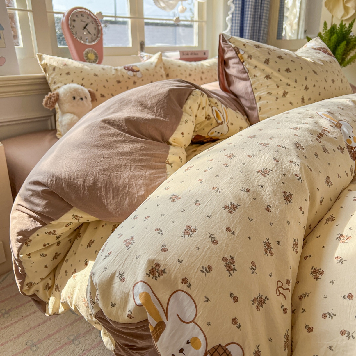 思诺羽床笠 2026新款古法水洗仿棉云感棉三件套四件套 碎花小兔