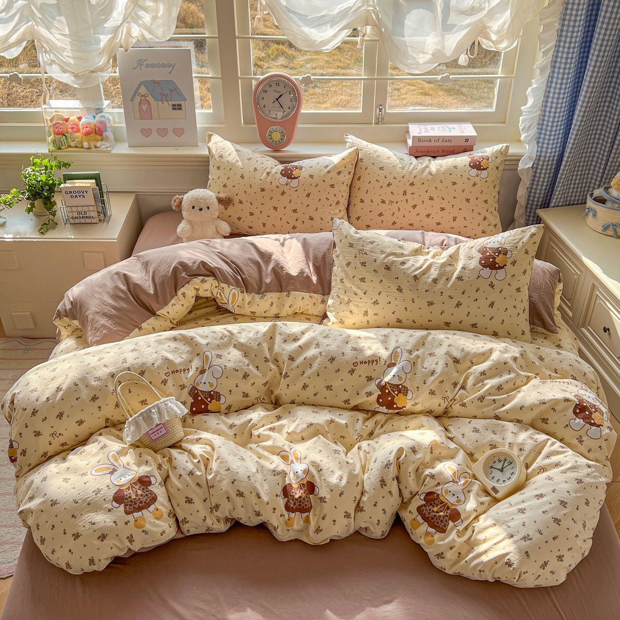 91家纺网 家纺一手货源 找家纺 思诺羽床笠 2026新款古法水洗仿棉云感棉三件套四件套 碎花小兔