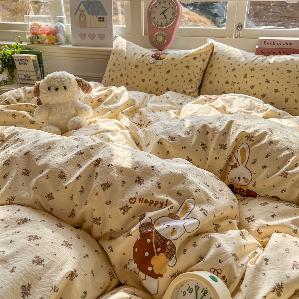 91家纺网 家纺一手货源 找家纺 思诺羽床笠 2026新款古法水洗仿棉云感棉三件套四件套 碎花小兔