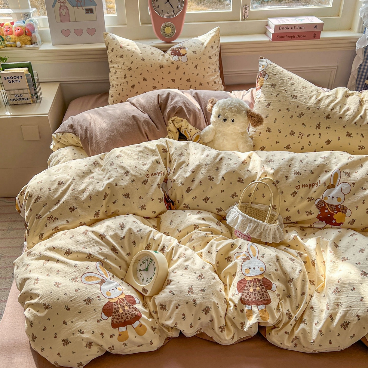 91家纺网 家纺一手货源 找家纺 思诺羽床笠 2026新款古法水洗仿棉云感棉三件套四件套 碎花小兔