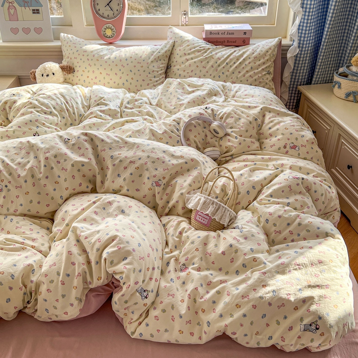 91家纺网 家纺一手货源 找家纺 思诺羽床笠 2026新款古法水洗仿棉云感棉三件套四件套 糖果小狗