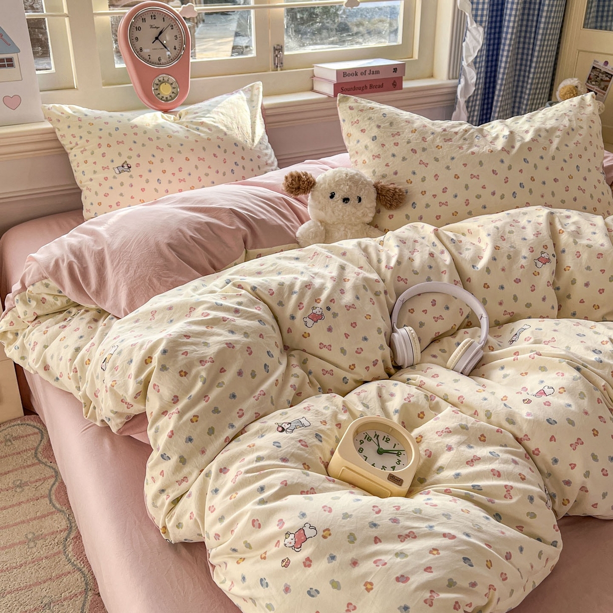 91家纺网 家纺一手货源 找家纺 思诺羽床笠 2026新款古法水洗仿棉云感棉三件套四件套 糖果小狗