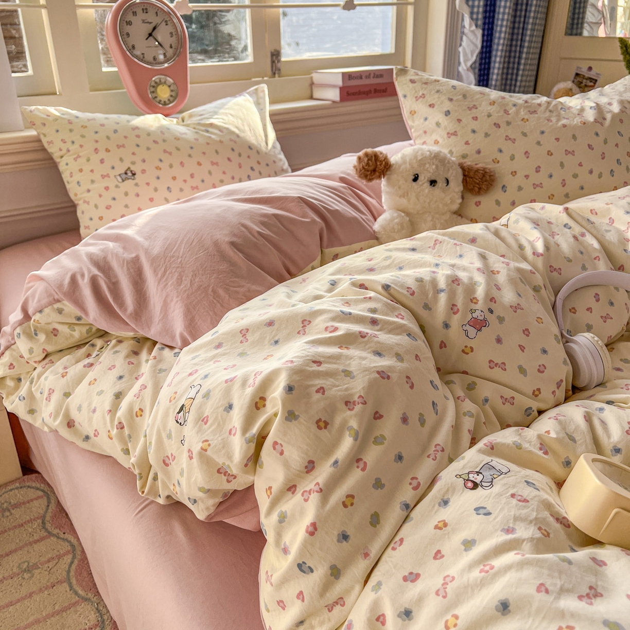 91家纺网 家纺一手货源 找家纺 思诺羽床笠 2026新款古法水洗仿棉云感棉三件套四件套 糖果小狗