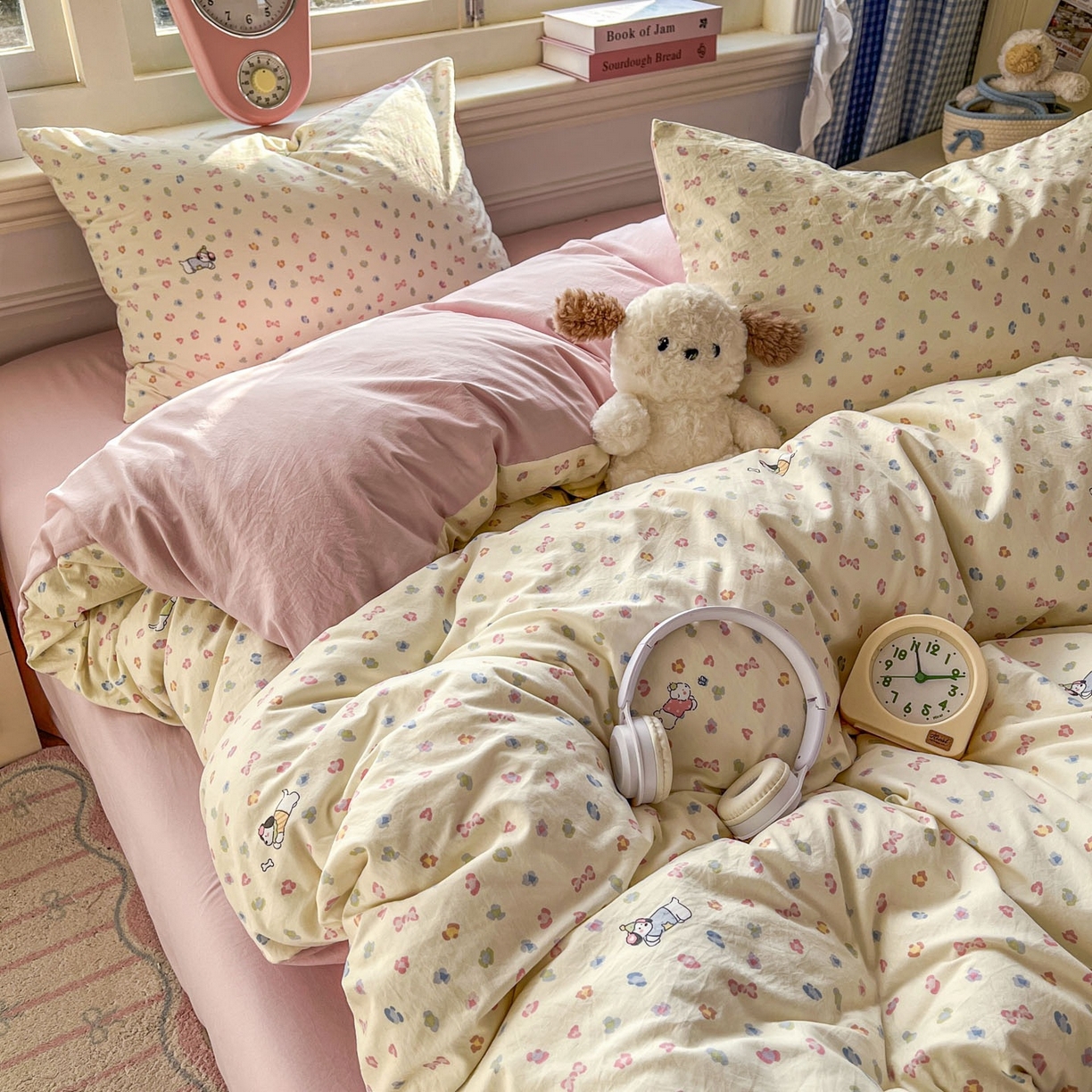 91家纺网 家纺一手货源 找家纺 思诺羽床笠 2026新款古法水洗仿棉云感棉三件套四件套 糖果小狗