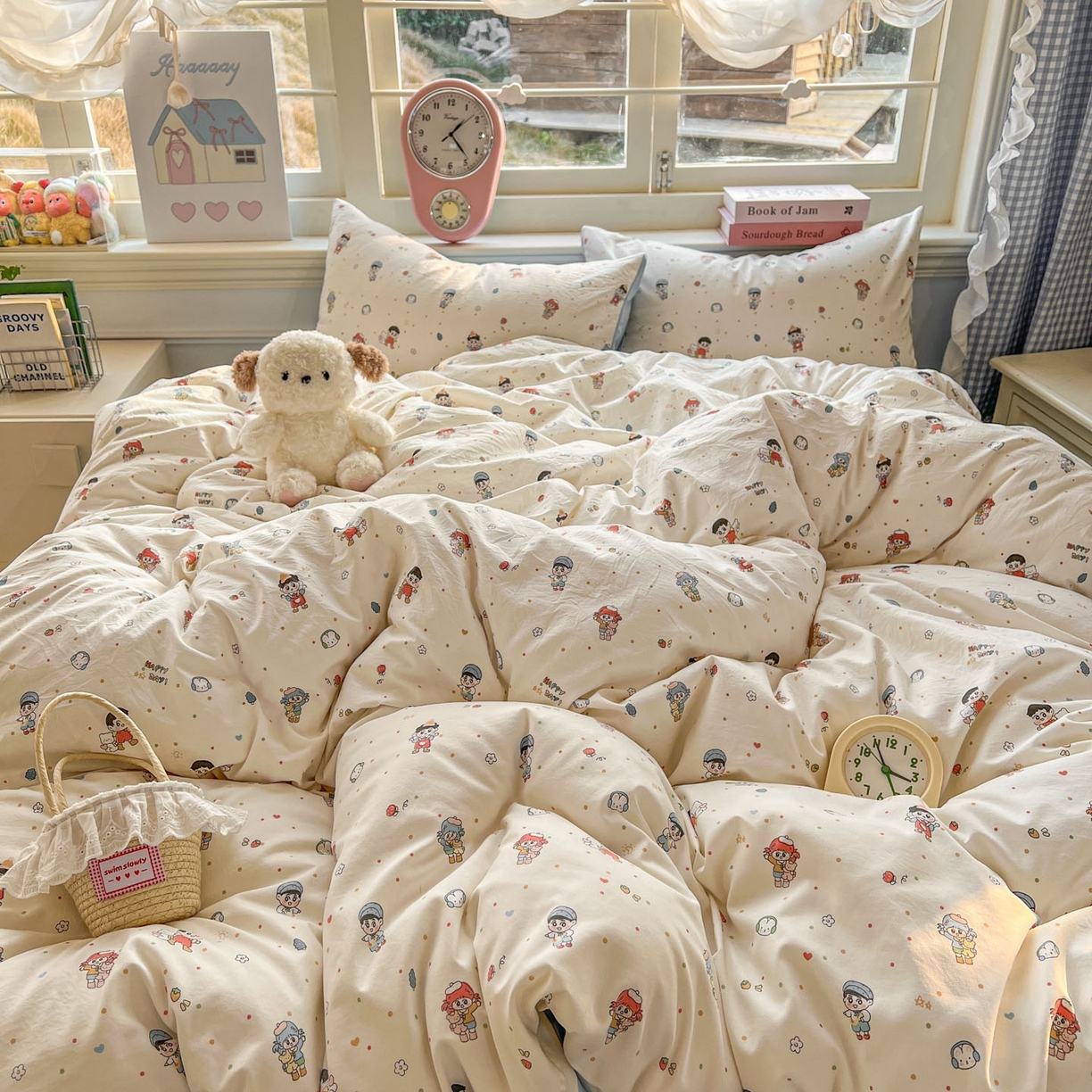 91家纺网 家纺一手货源 找家纺 思诺羽床笠 2026新款古法水洗仿棉云感棉三件套四件套 童趣