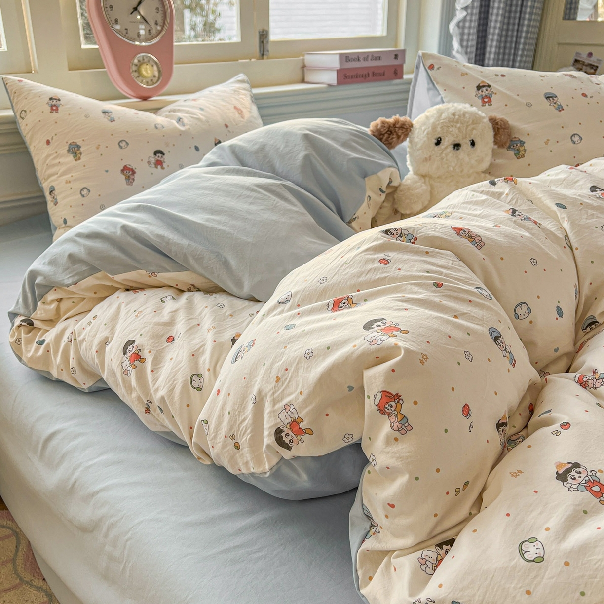 91家纺网 家纺一手货源 找家纺 思诺羽床笠 2026新款古法水洗仿棉云感棉三件套四件套 童趣