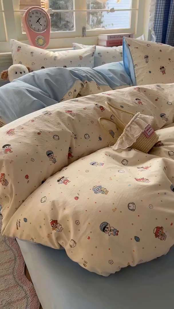 91家纺网 家纺一手货源 找家纺 思诺羽床笠 2026新款古法水洗仿棉云感棉三件套四件套 童趣