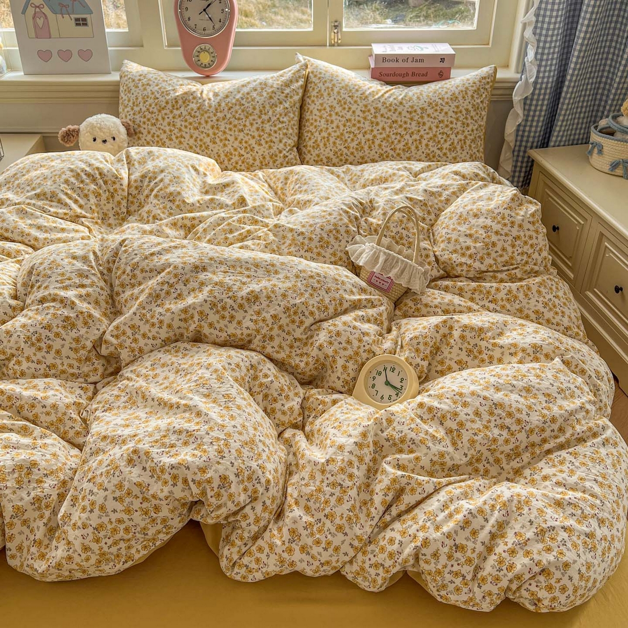 91家纺网 家纺一手货源 找家纺 思诺羽床笠 2026新款古法水洗仿棉云感棉三件套四件套 小黄花