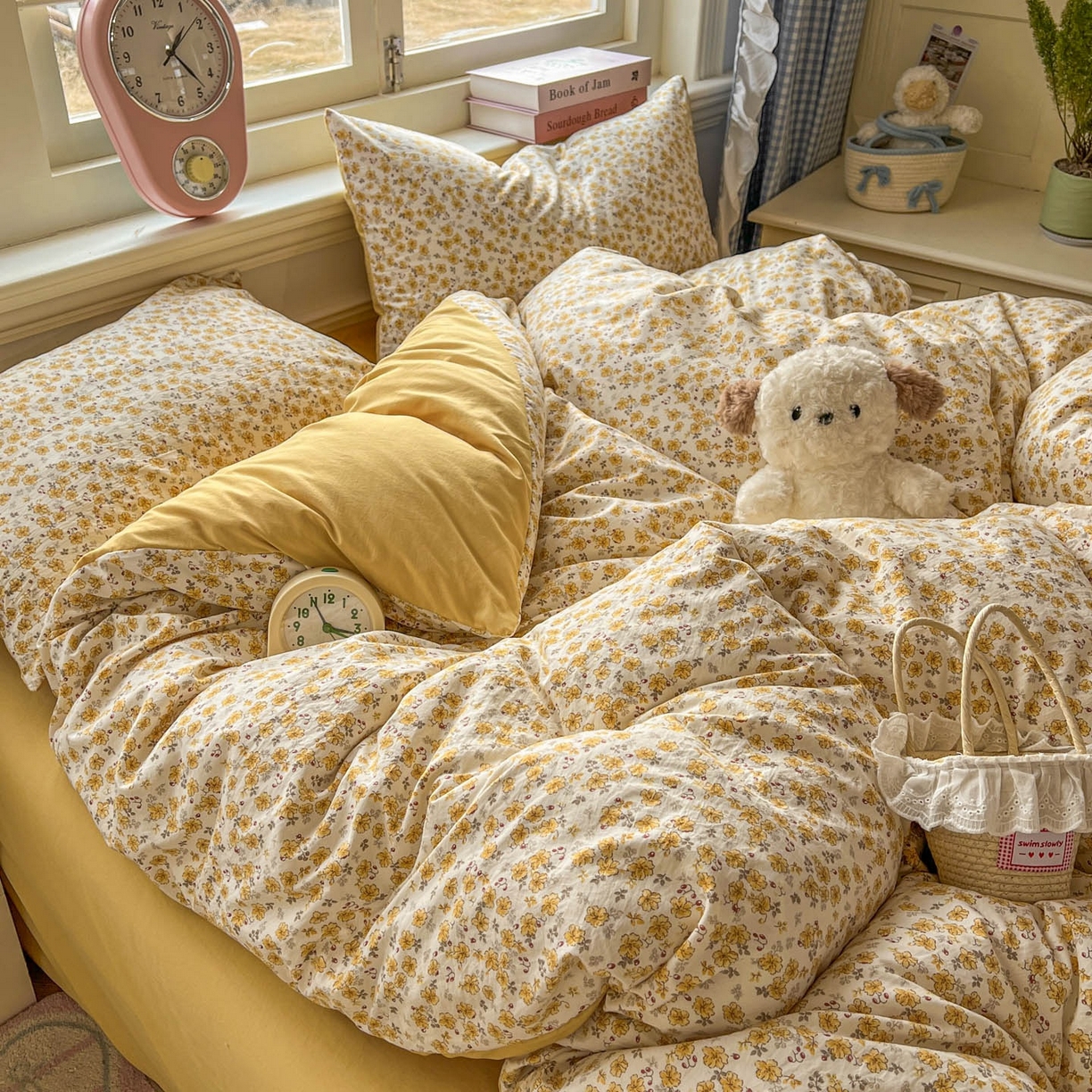 91家纺网 家纺一手货源 找家纺 思诺羽床笠 2026新款古法水洗仿棉云感棉三件套四件套 小黄花