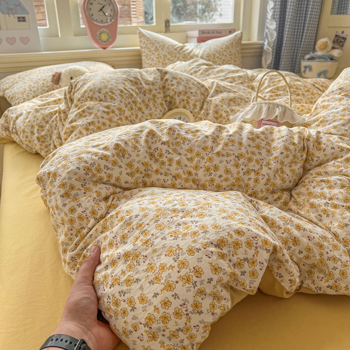 91家纺网 家纺一手货源 找家纺 思诺羽床笠 2026新款古法水洗仿棉云感棉三件套四件套 小黄花