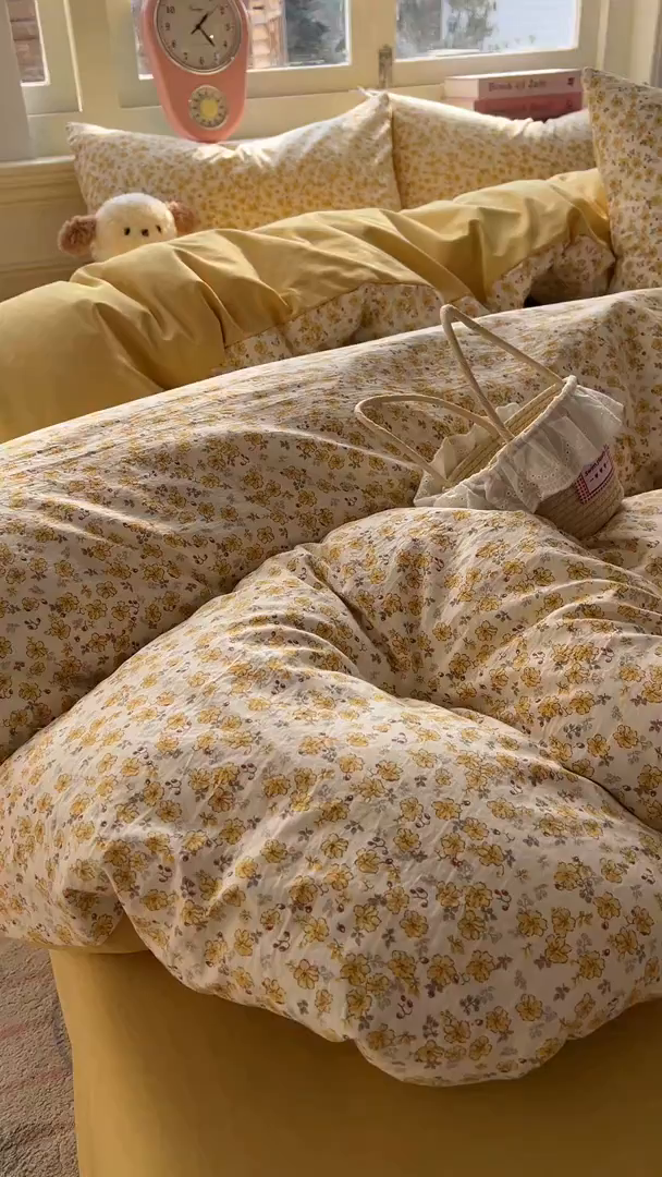 91家纺网 家纺一手货源 找家纺 思诺羽床笠 2026新款古法水洗仿棉云感棉三件套四件套 小黄花