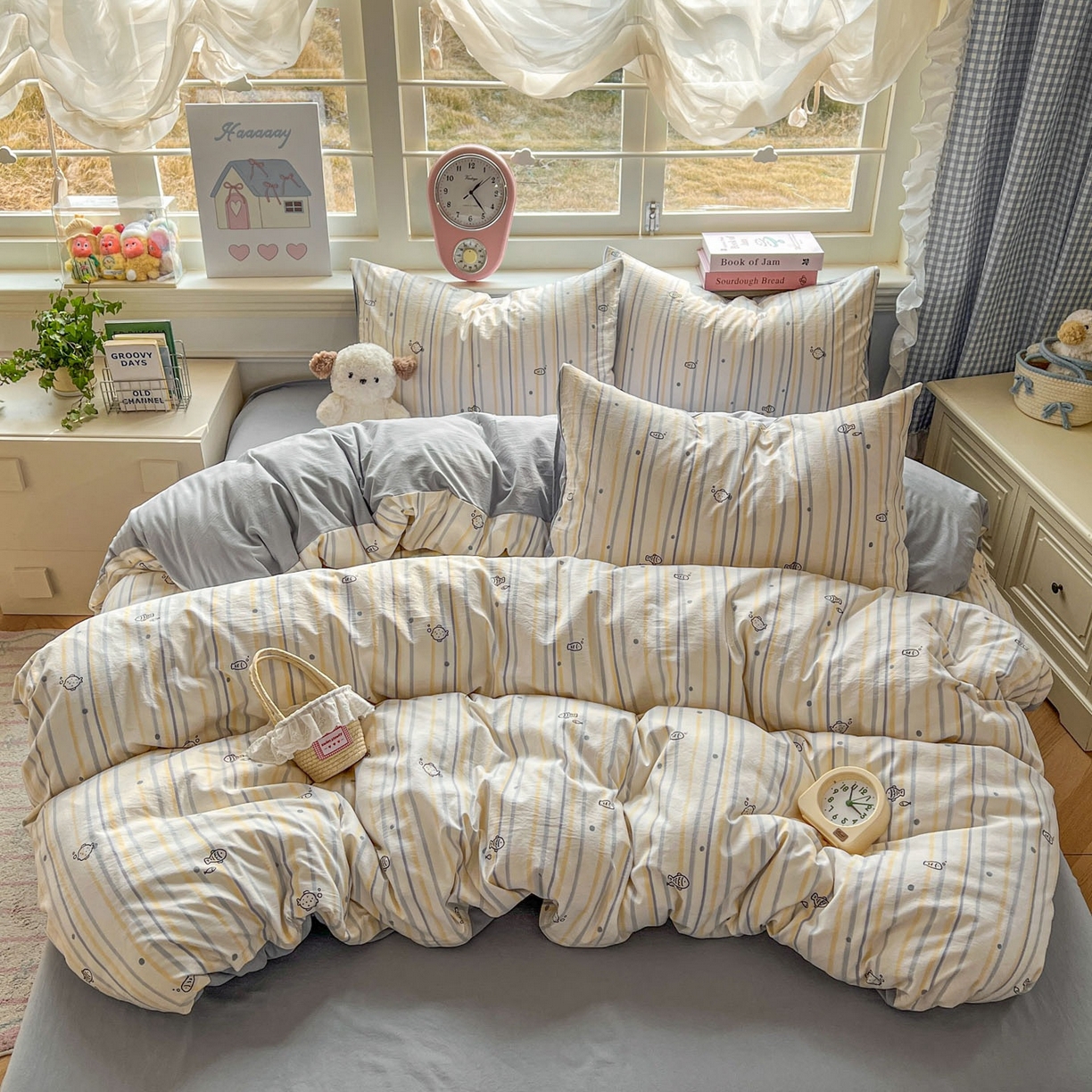 91家纺网 家纺一手货源 找家纺 思诺羽床笠 2026新款古法水洗仿棉云感棉三件套四件套 小鱼的心事