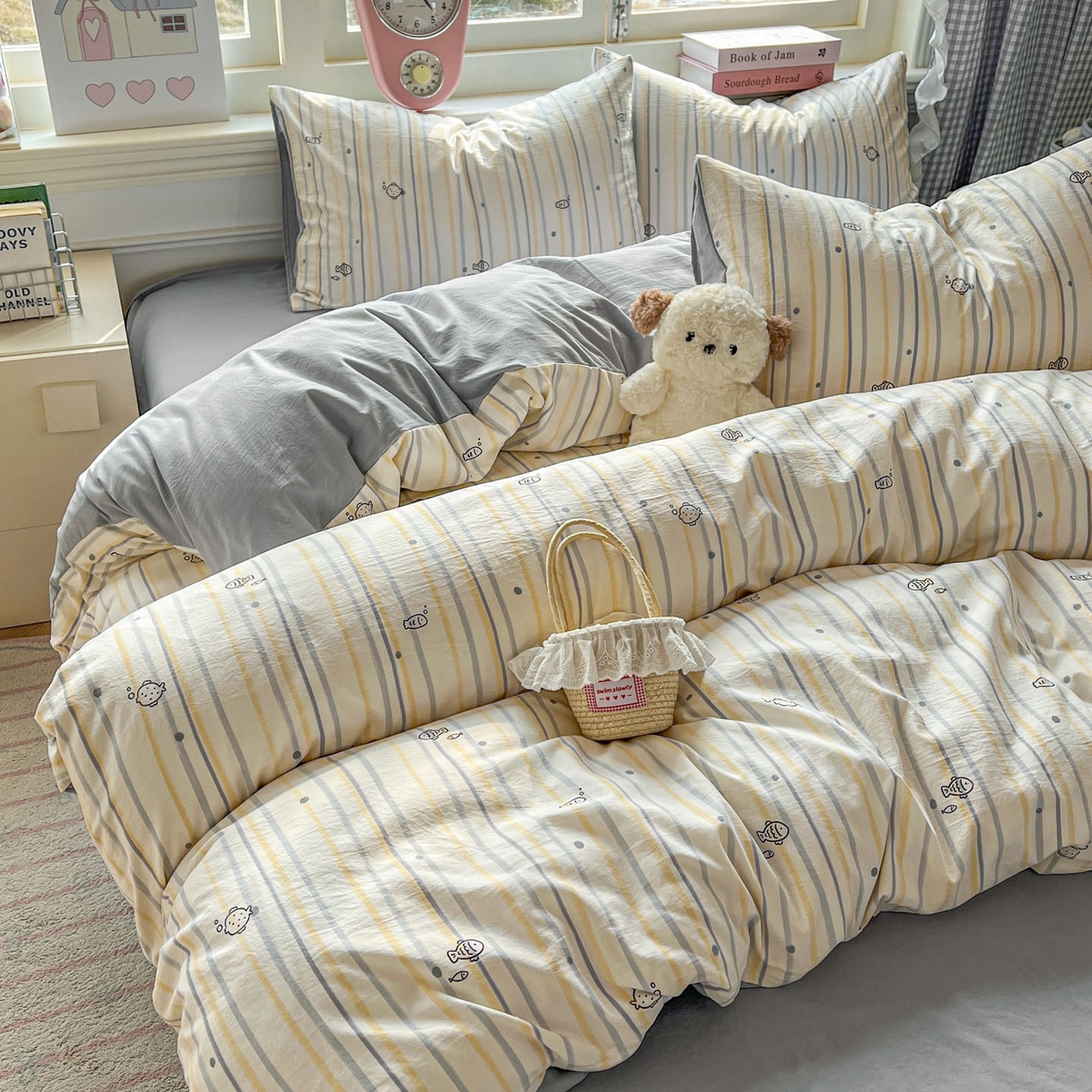 91家纺网 家纺一手货源 找家纺 思诺羽床笠 2026新款古法水洗仿棉云感棉三件套四件套 小鱼的心事