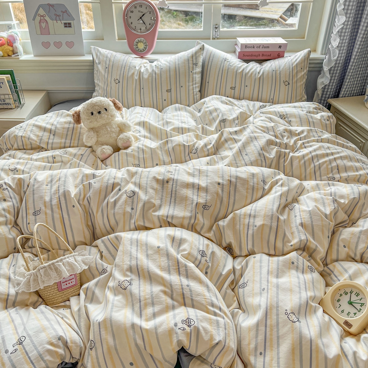 91家纺网 家纺一手货源 找家纺 思诺羽床笠 2026新款古法水洗仿棉云感棉三件套四件套 小鱼的心事