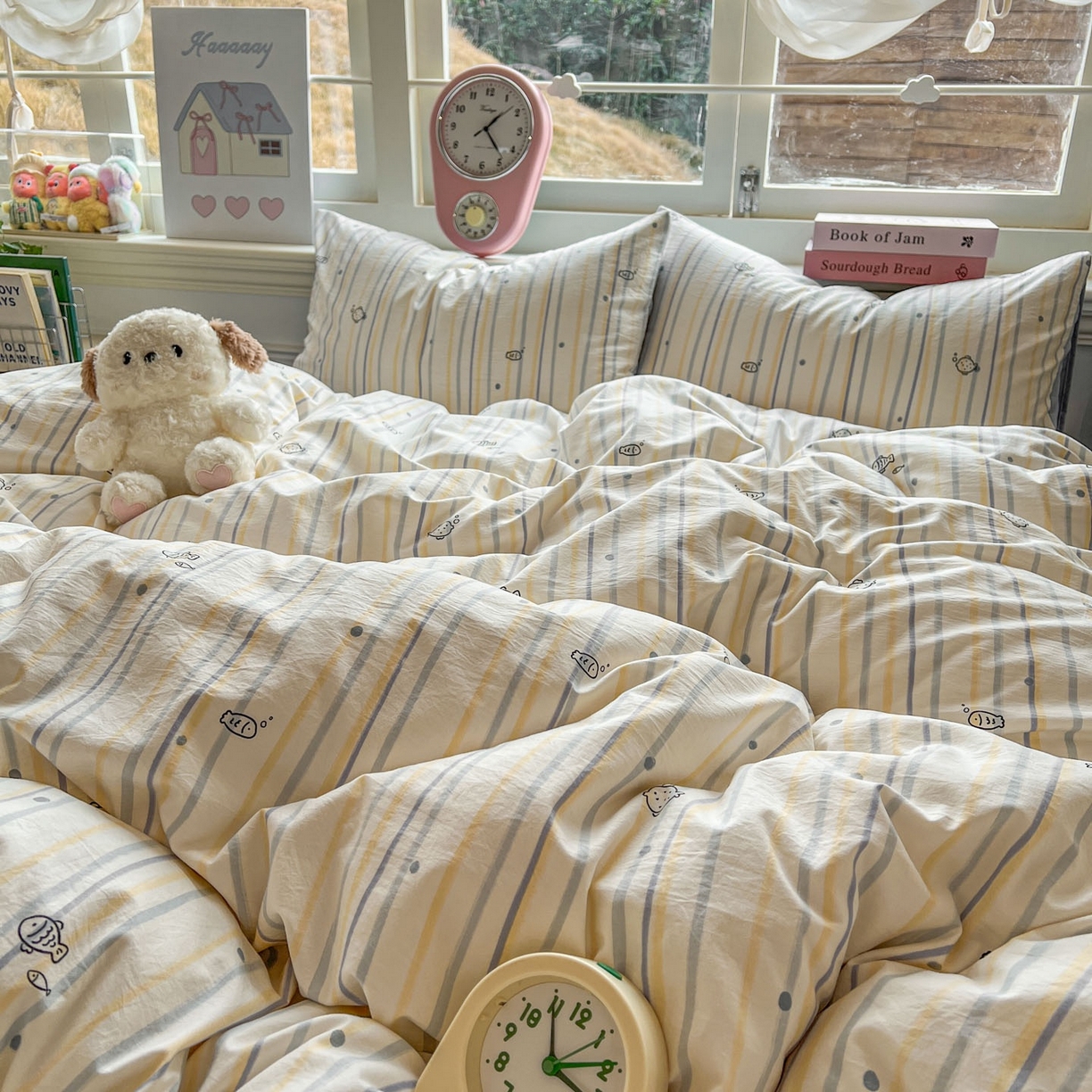 91家纺网 家纺一手货源 找家纺 思诺羽床笠 2026新款古法水洗仿棉云感棉三件套四件套 小鱼的心事