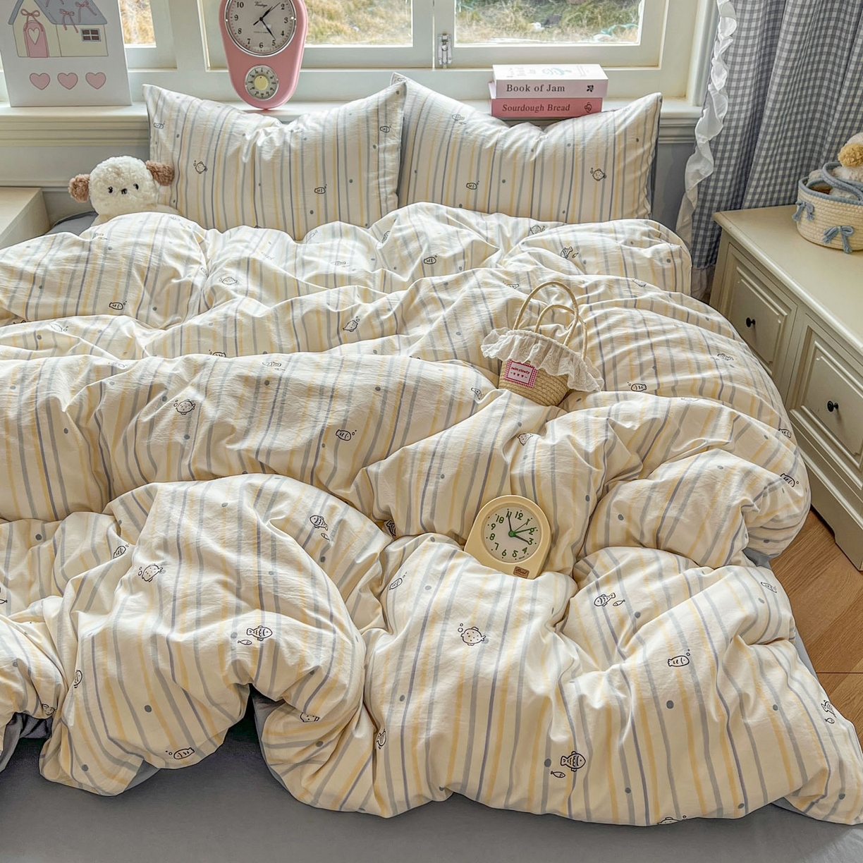 91家纺网 家纺一手货源 找家纺 思诺羽床笠 2026新款古法水洗仿棉云感棉三件套四件套 小鱼的心事