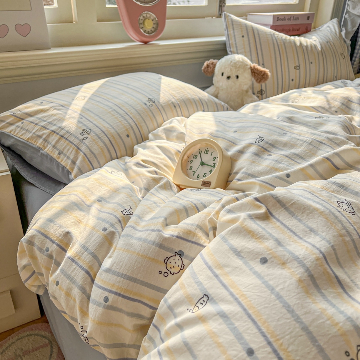 91家纺网 家纺一手货源 找家纺 思诺羽床笠 2026新款古法水洗仿棉云感棉三件套四件套 小鱼的心事