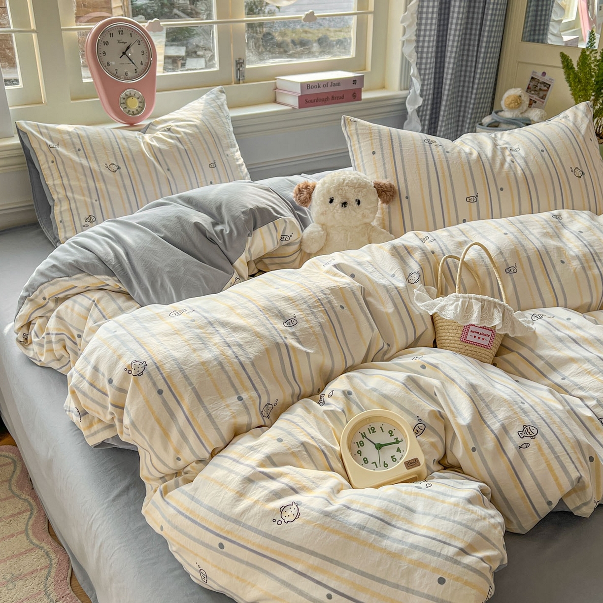 91家纺网 家纺一手货源 找家纺 思诺羽床笠 2026新款古法水洗仿棉云感棉三件套四件套 小鱼的心事