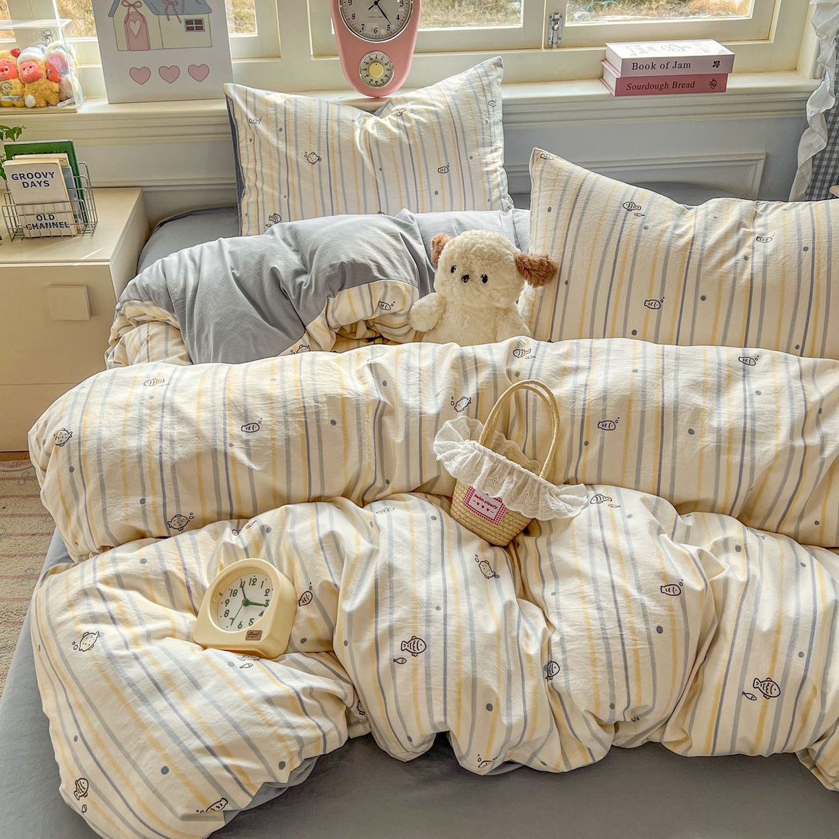 91家纺网 家纺一手货源 找家纺 思诺羽床笠 2026新款古法水洗仿棉云感棉三件套四件套 小鱼的心事