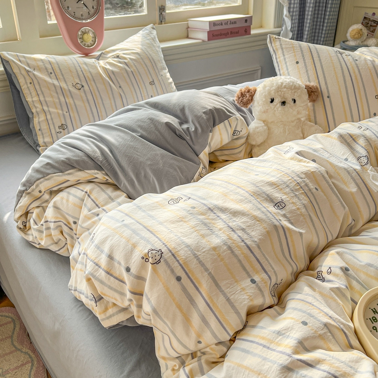 91家纺网 家纺一手货源 找家纺 思诺羽床笠 2026新款古法水洗仿棉云感棉三件套四件套 小鱼的心事