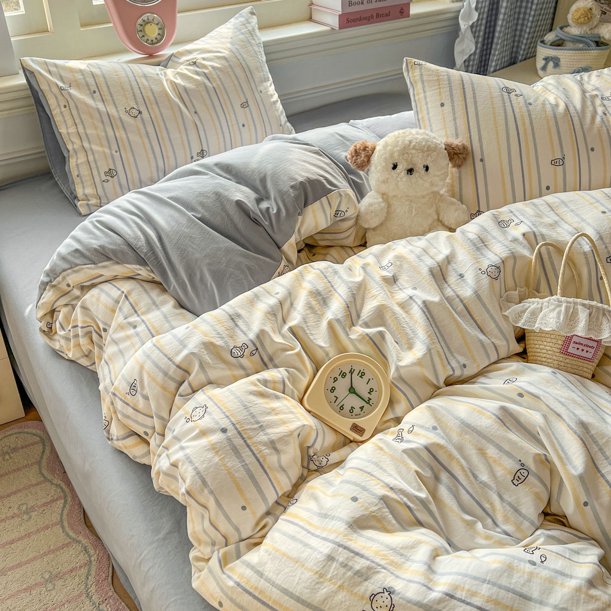 91家纺网 家纺一手货源 找家纺 思诺羽床笠 2026新款古法水洗仿棉云感棉三件套四件套 小鱼的心事