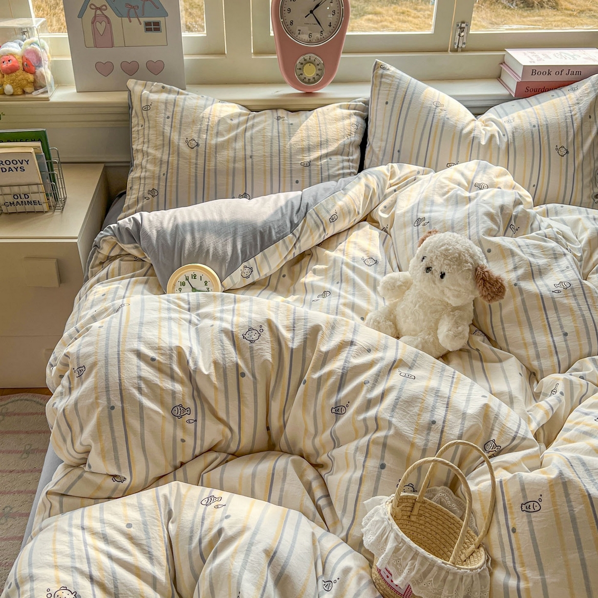 91家纺网 家纺一手货源 找家纺 思诺羽床笠 2026新款古法水洗仿棉云感棉三件套四件套 小鱼的心事