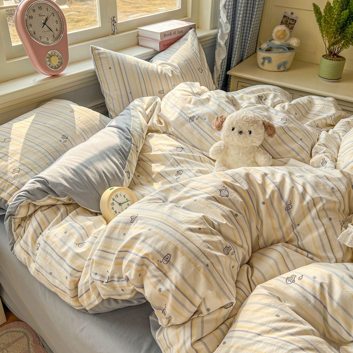 91家纺网 家纺一手货源 找家纺 思诺羽床笠 2026新款古法水洗仿棉云感棉三件套四件套 小鱼的心事